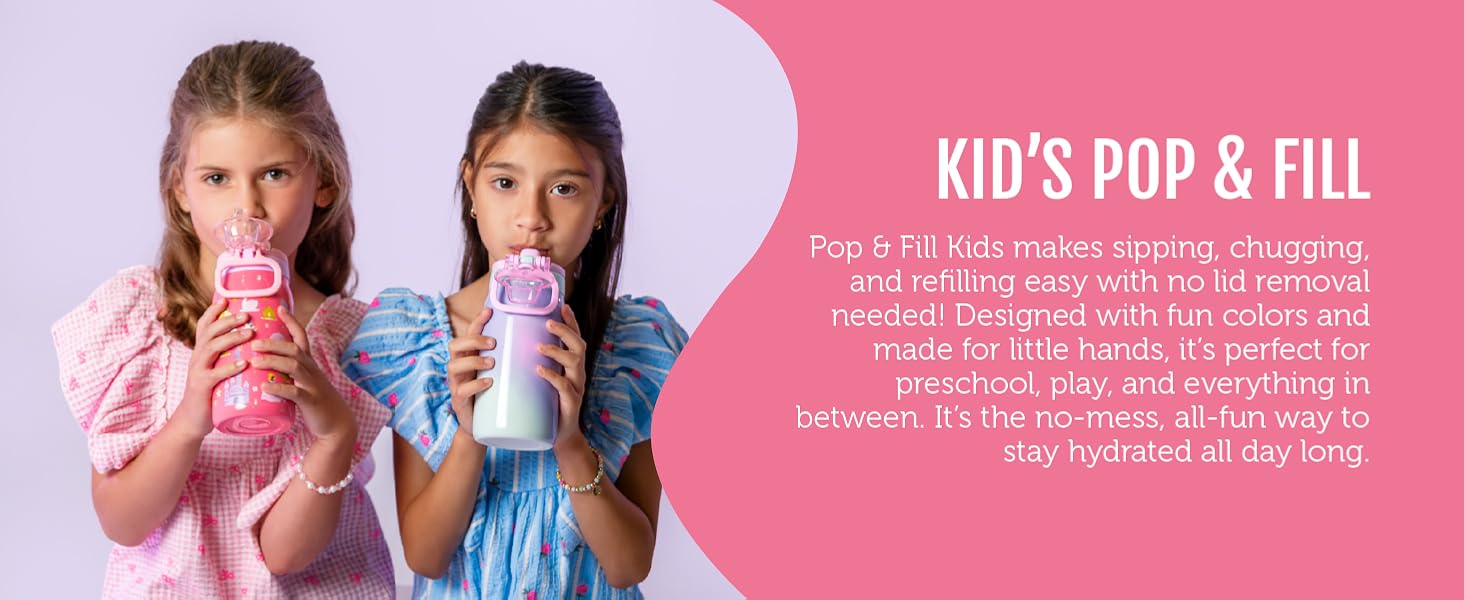 pop and fill kids water bottle 12oz stainless steel