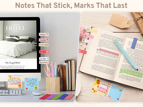 Desk setup with sticky notes, colorful page markers, books, and digital device displaying 'Hotel'. Open book with highlighted text and various stationery items for note-taking and organizing.
