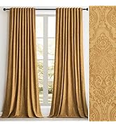 GIGIZAZA Velvet Curtains 96 Inch Long 2 Panels, Brown Gold Vintage Drapes Floral Embossed Blackou...