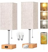 Table Lamp for Bedroom set of 2,3-Color Bedside Lamps with Pull Chain Table Lamps for Nightstand ...