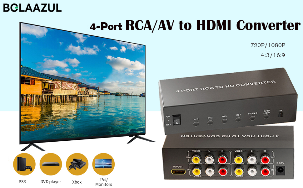 BCLAAZUL 4-Port RCA/AV to HDMI Converter. Device shown with TV display, supports 720P/1080P, 4:3/16:9 ratios. Compatible with PS3, DVD player, Xbox, TV monitors. Converter box with multiple input/output ports visible.