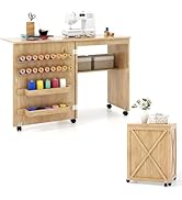 Giantex Folding Sewing Table - Farmhouse Sewing Machine Cabinet with Barn Door, 18 Pegs, 2 Storag...