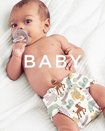 Baby wearing an Esembly cloth diaper with the word "baby" overlaid on top of the image