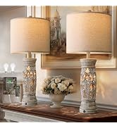 BOBOMOMO 27.25” Rustic Farmhouse Table Lamps Set of 2 – Vintage Bedside Lamps with Night Light & ...