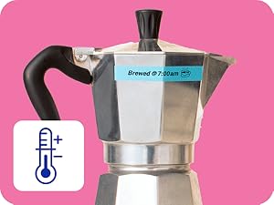 Icon of thermometer, photo of espresso pot with Btag label "Brewed @ 7:00am" with coffee icon