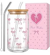 Coquette Cute Pink Bow Glass Cups with Lids and Straws, 2.8mm Thick Aesthetic Iced Coffee Cup Tum...