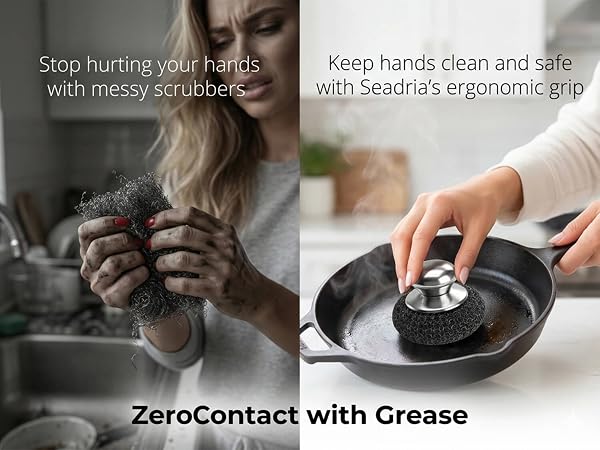 Ergonomic stainless steel scouring pad that protects hands from grease.