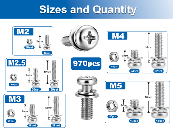 970 Pcs 304 Stainless Steel M2 M2.5 M3 M4 M5 Phillips Pan Head Bolts Assortment Kit
