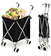 Goplus Folding Shopping Cart with Wheels, Grocery Cart with Removable Oxford Cloth Liner, Lightwe...
