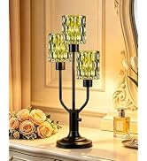 TECHYAP Mid Century Modern Table Lamp Green Glass Vintage Lamp Dimmable | Black Nightstand Desk L...
