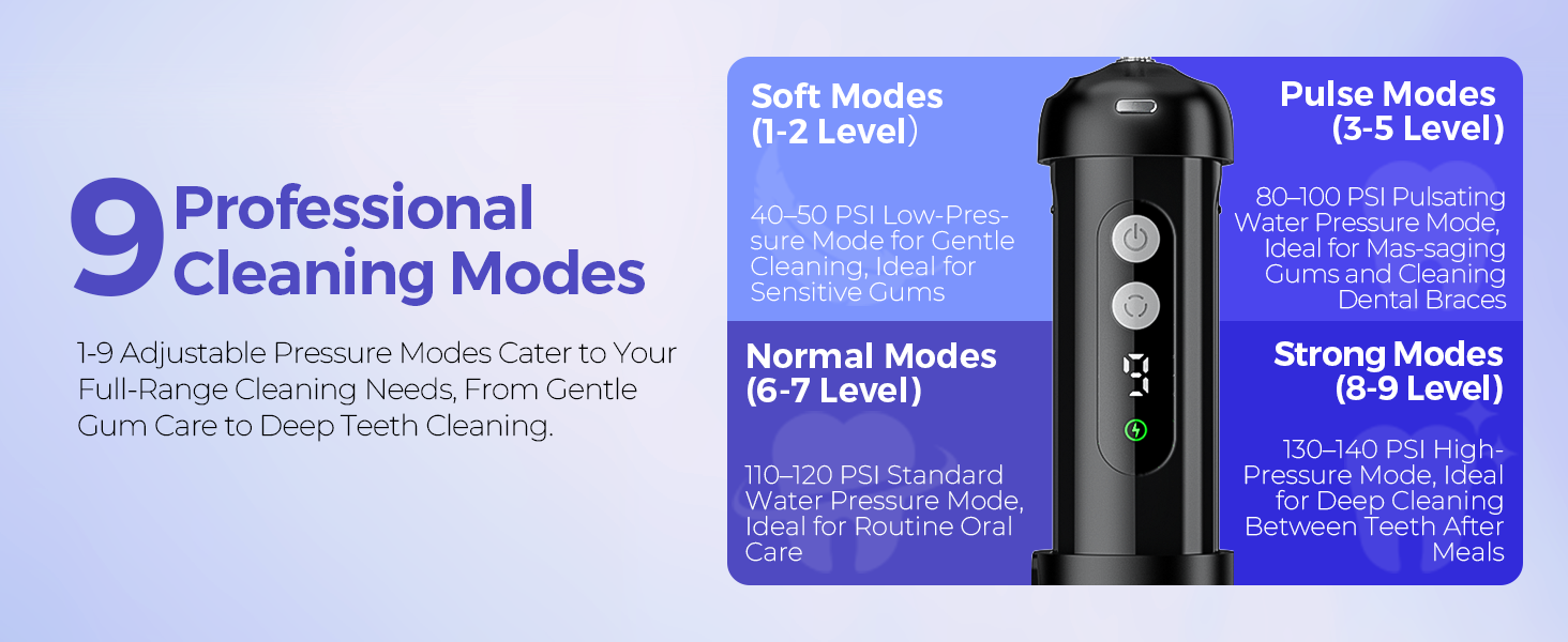 Text reads '9 Professional Cleaning Modes' on blue/purple promotional banner with black handheld device shown. Additional feature text visible but not fully legible.