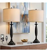 Oneach 28" Modern Table Lamps Set of 2 for Living Room, Black Metal Bedside Lamps with USB Ports,...