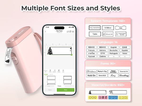 Portable label maker with smartphone app interface showing font options. Device is light pink with a keyboard. App displays various text styles, sizes, and language options.