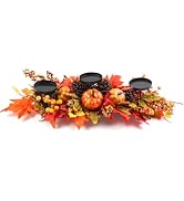 DTNESS Fall Harvest Centerpiece with 3 Candle Holders, Maple & Pumpkin | Features Realistic Pumpk...