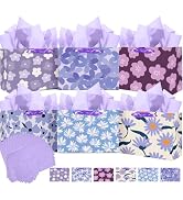 qiqee Medium Paper Gift Bags with Tissue Paper Handles 6PCS Purple Floral Print Cardboard Floral ...