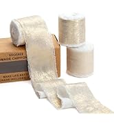 KEOSREE Champagne Gold Silk Chiffon Ribbon,Ivory White Frayed Shimmery Silk Ribbon for Bridal Flo...