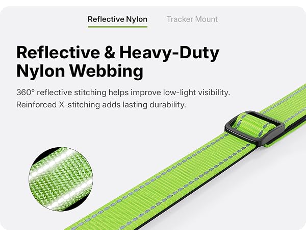 360 degree reflective stitching on heavy duty nylon dog collar webbing low light visibility