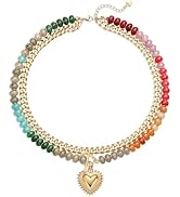 GINAZL Natural Stone Beaded Layered Necklaces for Women, 14K Gold Plated Heart Pendant,Chunky Col...