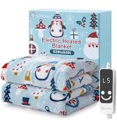 FLYSOWL Electric Heated Blanket 62x84Inch Twin Size Heating Blanket Merry Christmas Print Winter ...