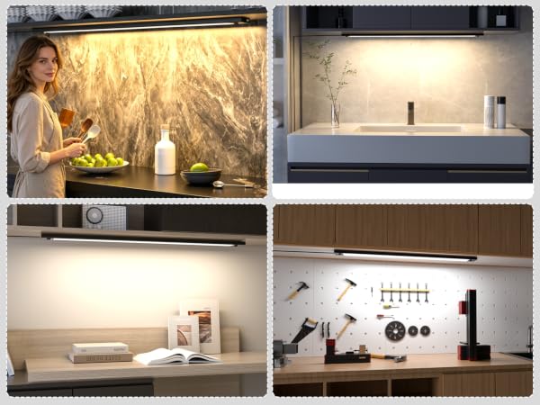 Composite of four illuminated display cases showing interior architectural lighting installations