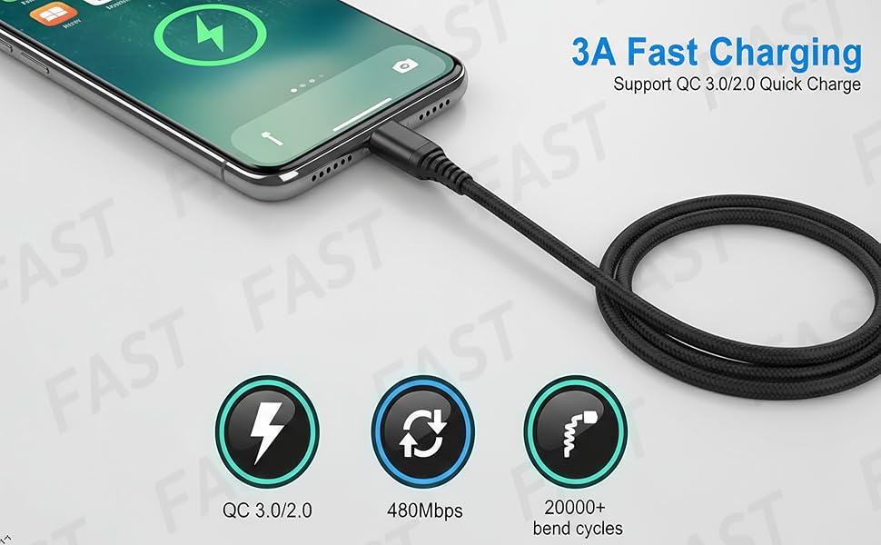 USB-C fast charging cable supporting QC 3.0 and 480Mbps.