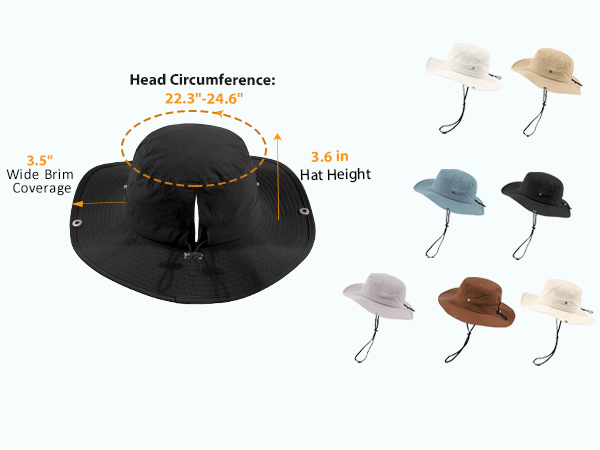 Multi-color women’s sun hat with size reference and dimension guide for fit