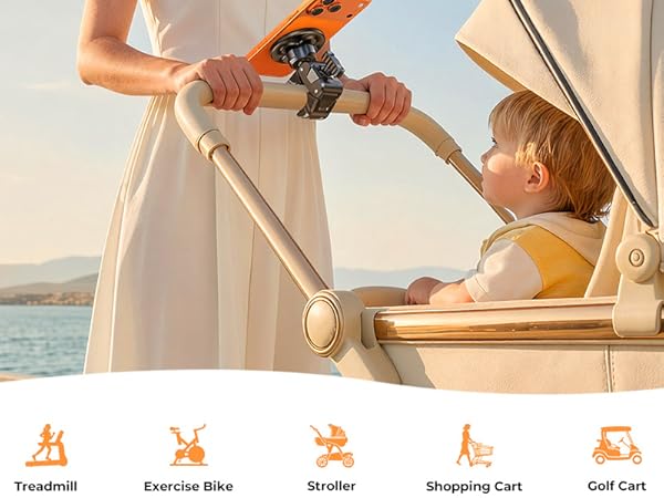 phone holder easily attaches to baby strollers, shopping carts, treadmills, exercise bikes