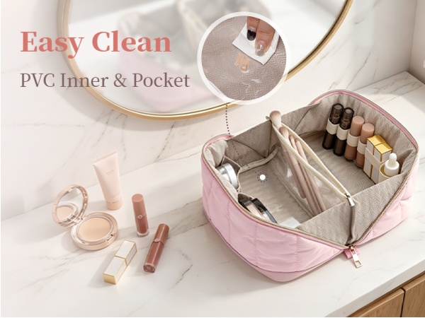 travel makeup bag with wipe-clean lining