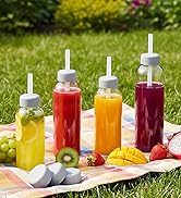 glass water bottles with lids and straw, glass juice bottles, reusable clear bottles, juicing jars