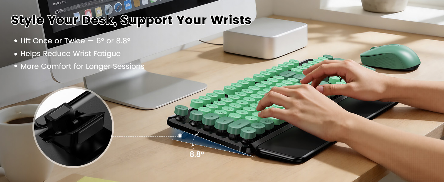 Green Black round-key keyboard and mouse with adjustable tilt legs for a raised typing angle.