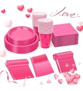WELLIFE 210 Pieces Hot-Pink Party Supplies - Hot Pink Dinnerware Set, Including Plastic Plates an...