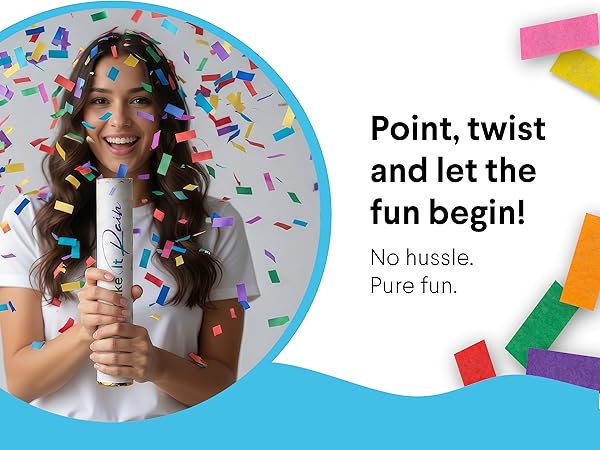 Happy woman holding confetti cannon with colorful streamers around her