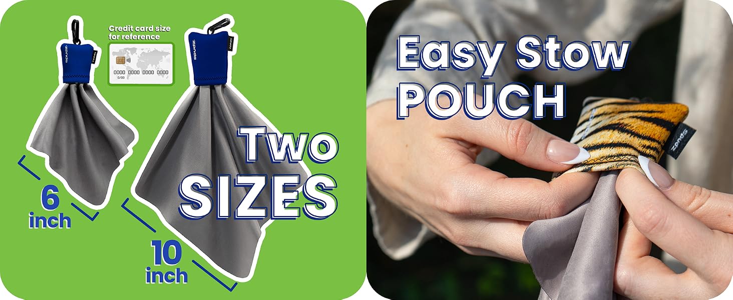 One side shows 2 sizes of spudz the other side shows a woman stuffing the cloth back in pouch