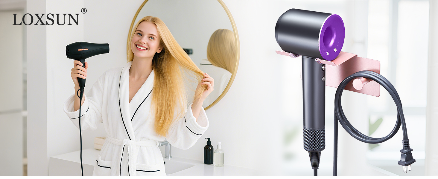 Text reads 'LOXSUN'. Multiple product images showing handheld hair dryer in metallic finish with purple accent light. Device shown in use and from different angles.