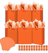 qiqee 24pcs Bright Orange Gift Bags with Tissue Paper for Wedding, Birthday, Party Supplies-7.9"x...