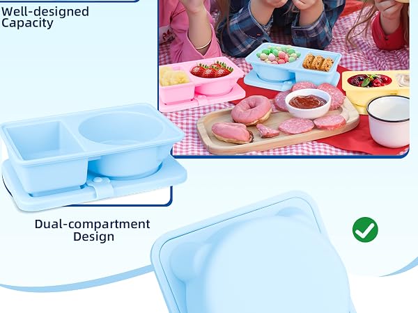 3 Pack Silicone Reusable Snack Containers with Lids, Double Compartment Snackle Box Containers