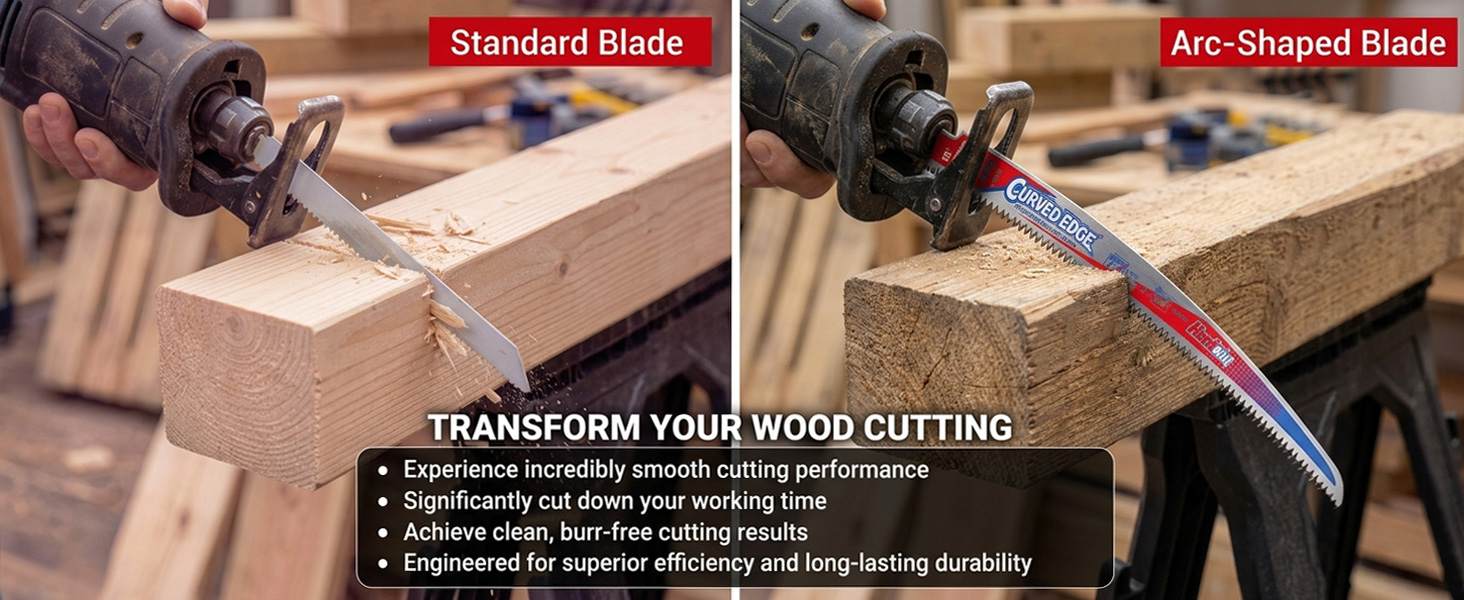 Curved vs straight saw blade. Arc design delivers cleaner cuts, less time, more durability.