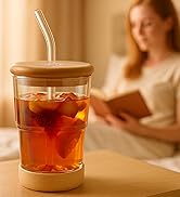 Zukro 13oz/400ml Glass Iced Coffee Cup with Bamboo Lid and Straw, Rubber Base, Reusable Thick Wal...