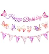 AOBKIAT Happy Birthday Banner,Pink Purple Butterfly Garland with Gold Glitter Edge,Pennant Banner...