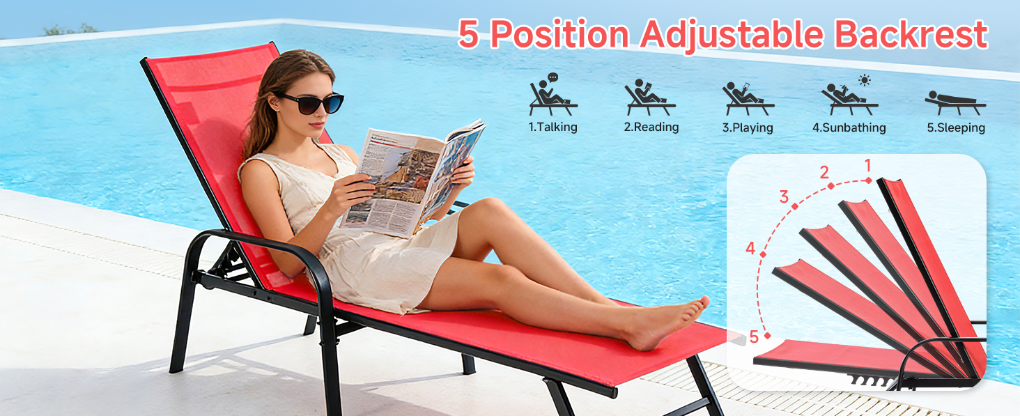 Chaise Lounge Chair, 5 Adjustable Beach Lounge Recliner Chair with Armrests, Outdoor