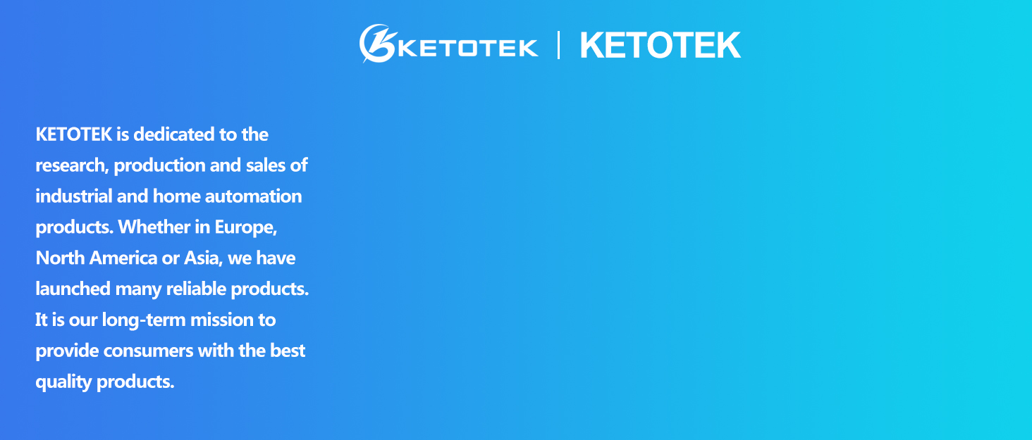 Blue background with Ketotek logo and company description. Text highlights industrial and home automation products, global presence, and commitment to quality.