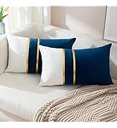 ZLINA Set of 2 Velvet Decorative Lumbar Pillow Covers Navy Blue White Patchwork with Gold Leather...