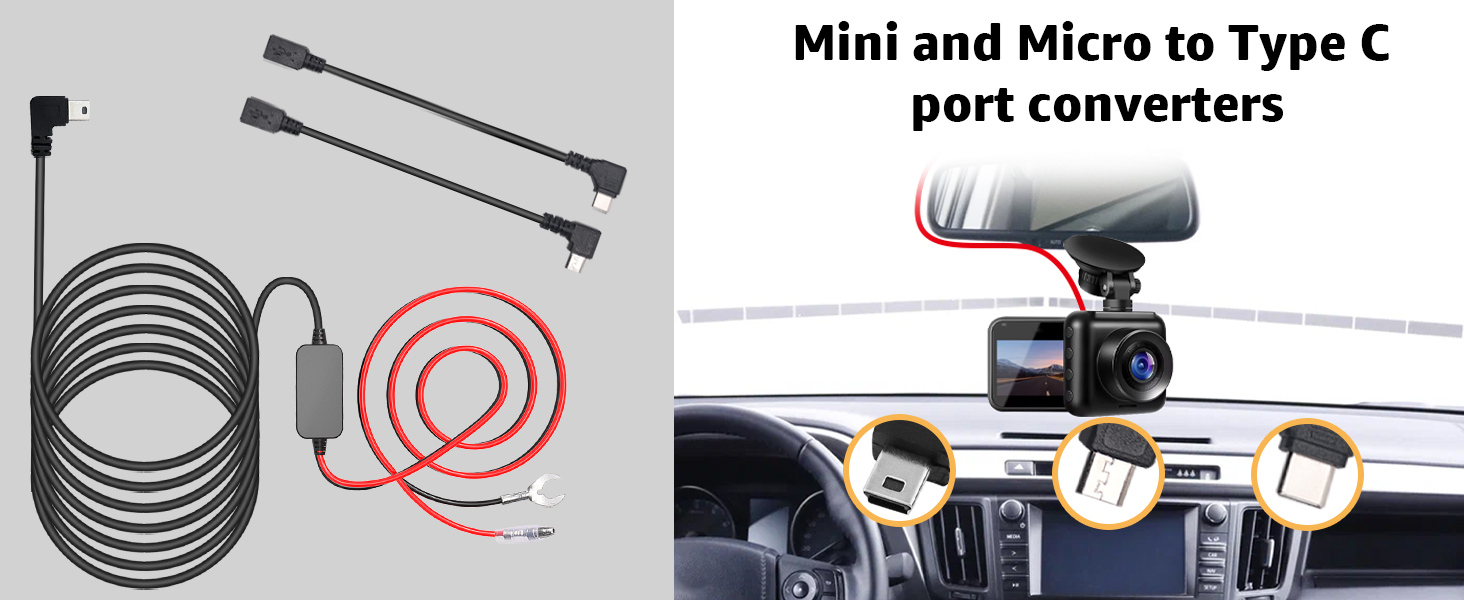 3-in-1 Hardwire Kit, USB-C Dash Cam, Low Voltage Protection, 12V-24V to 5V