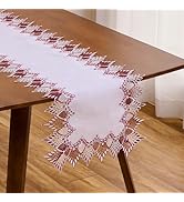 Raedan White Dark Red Lace Linen Table Runner 72 inches Long, Claret Dresser Scarf Table Topper f...
