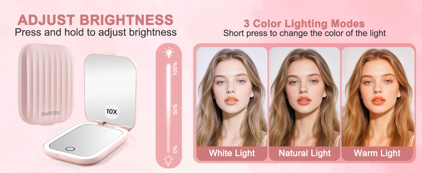 Text reads 'ADJUST BRIGHTNESS' and 'Press and hold to adjust brightness'. Electronic device showing different lighting modes or brightness settings.