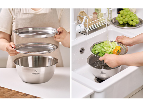This set includes a mixing bowl, a perforated tray (strainer), and a solid serving tray