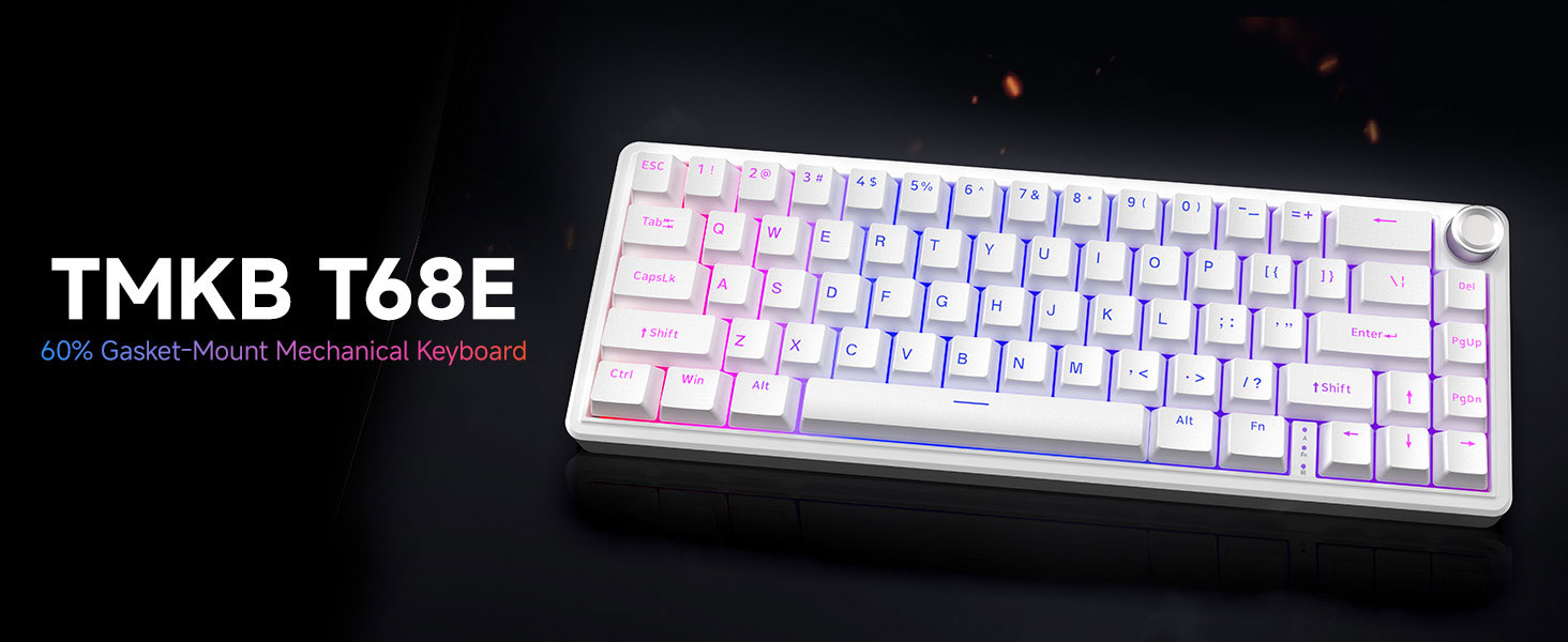 Text reads 'TMKB 100E'. White mechanical keyboard with pink backlighting shown from multiple angles, featuring a compact tenkeyless design with white keycaps.