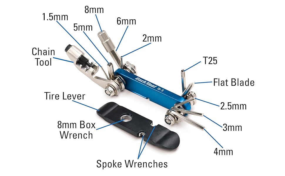 Park Tool IB-3 I-Beam multitool with hex and screwdrivers labeled