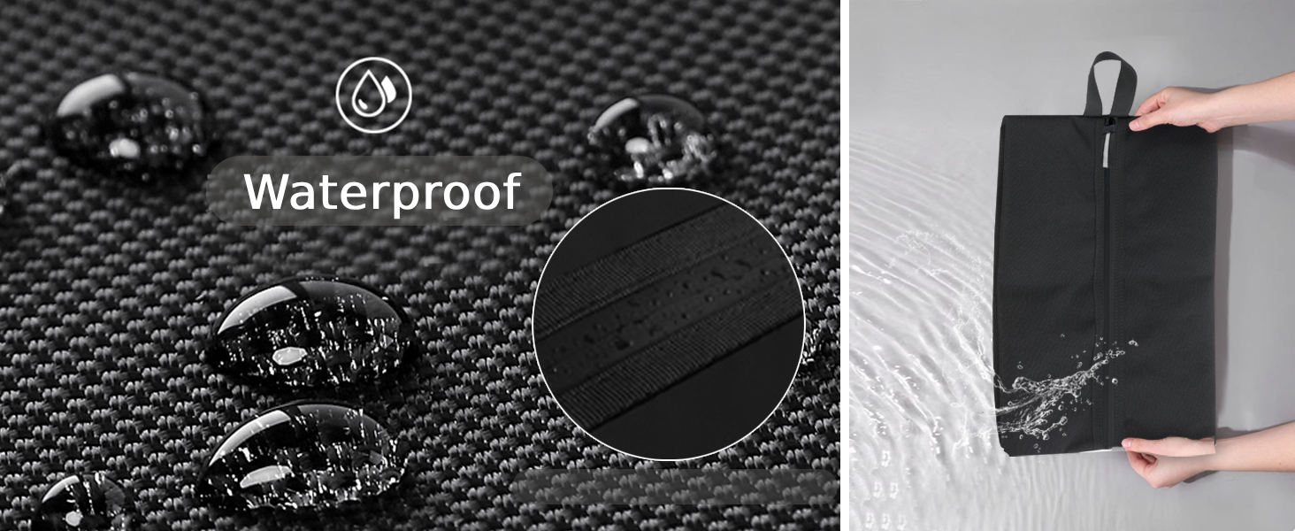 Waterproof fabric with water droplets beading on surface. Close-up of textured material. Hands holding a black rectangle demonstrating water resistance.
