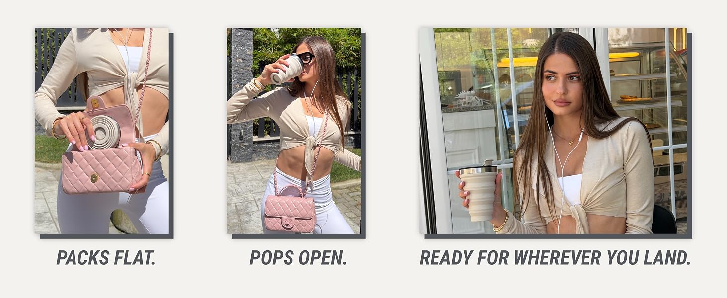 HYDAWAY collapsible tumbler packs flat, pops open and travels anywhere